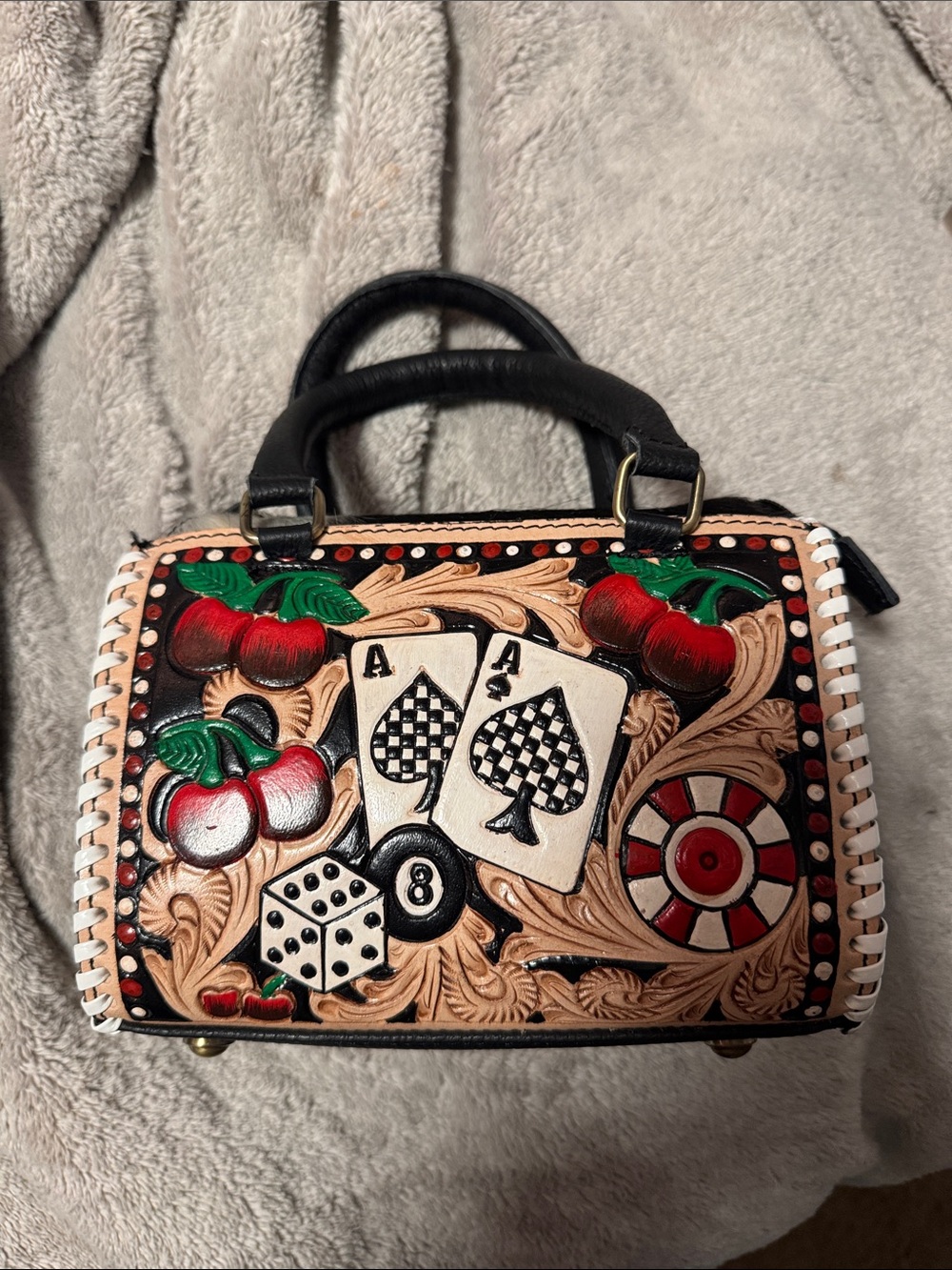 Black mini tooled speedy Bag with Game Night Embossed Design